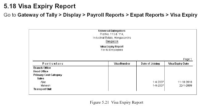 'Visa Expiry' Report @ Tally.ERP 9